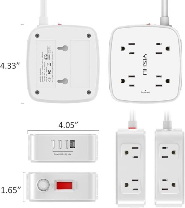 6 Ft Surge Protector Power Strip - 8 Widely Outlets with 4 USB Ports, 3 Side Outlet Extender with 6 Feet Extension Cord, Flat Plug, Wall Mount, Desk USB Charging Station, ETL,White - Image 7