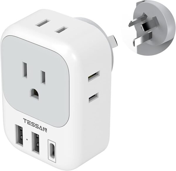 Australia New Zealand Power Adapter, TESSAN Type I Travel Adaptor with 4 American Outlets 3 USB Charger (1 USB C Port), Plug Converter for US to Australian China Argentina Fiji Cook Islands AU