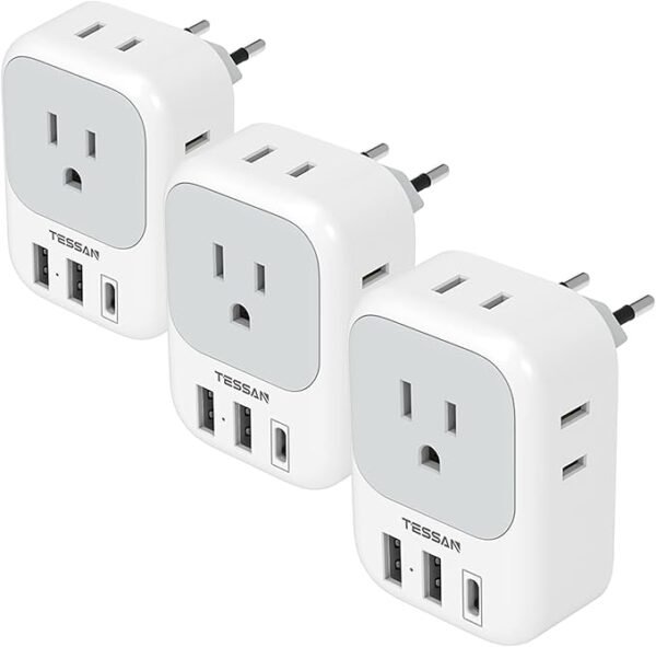 TESSAN 3 Pack European Travel Plug Adapter USB C, US to Europe Plug Adapter with 4 AC Outlets and 3 USB Ports, Type C Power Adaptor for USA to EU International Spain France Iceland Italy Greece