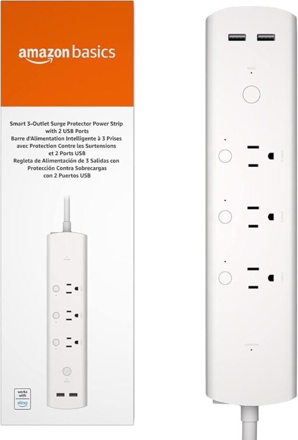 Amazon Basics Smart Plug Power Strip with 3 Individually Controlled Outlets and 2 USB-A Ports, Works with Alexa Only, 2.4 GHz Wi-Fi, No Hub Required, White