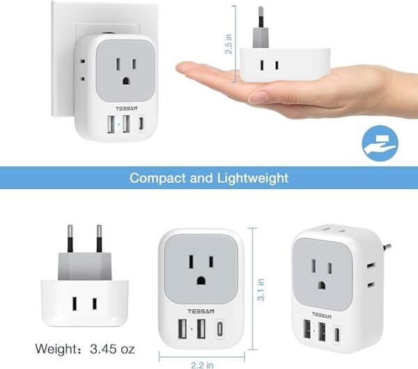 TESSAN 3 Pack European Travel Plug Adapter USB C, US to Europe Plug Adapter with 4 AC Outlets and 3 USB Ports, Type C Power Adaptor for USA to EU International Spain France Iceland Italy Greece - Image 6