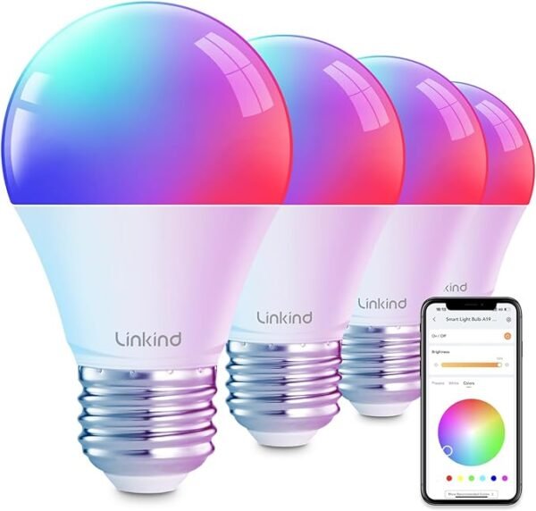 Linkind Smart Light Bulbs, Smart Bulb That Work with Alexa & Google Home, LED Light Bulbs Color Changing, 64 Preset Scenes, Music Sync, A19 E26 2.4GHz RGBTW WiFi Bluetooth Light Bulb 60W, 800LM, 4Pack