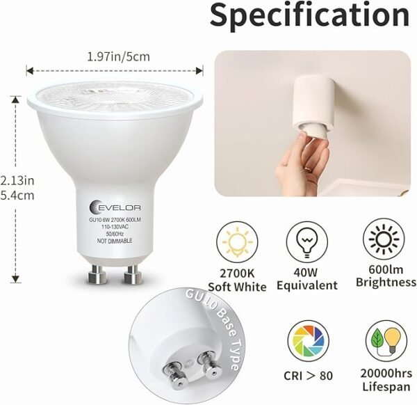 GU10 LED Light Bulb,40 Watt Equivalent Soft White 2700K,Non-Dimmable,Efficient 6W,600 Lumens 2 Prong Track Light Bulbs,20000 Hours,Ideal for Kitchen,Range Hood,Living Room,Bedroom, 6-Packs - Image 2