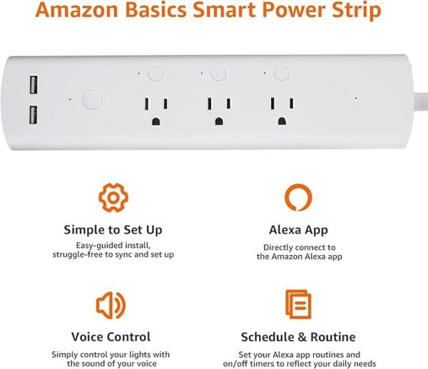 Amazon Basics Smart Plug Power Strip with 3 Individually Controlled Outlets and 2 USB-A Ports, Works with Alexa Only, 2.4 GHz Wi-Fi, No Hub Required, White - Image 2