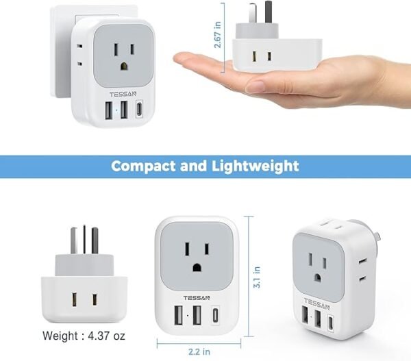 Australia New Zealand Power Adapter, TESSAN Type I Travel Adaptor with 4 American Outlets 3 USB Charger (1 USB C Port), Plug Converter for US to Australian China Argentina Fiji Cook Islands AU - Image 5