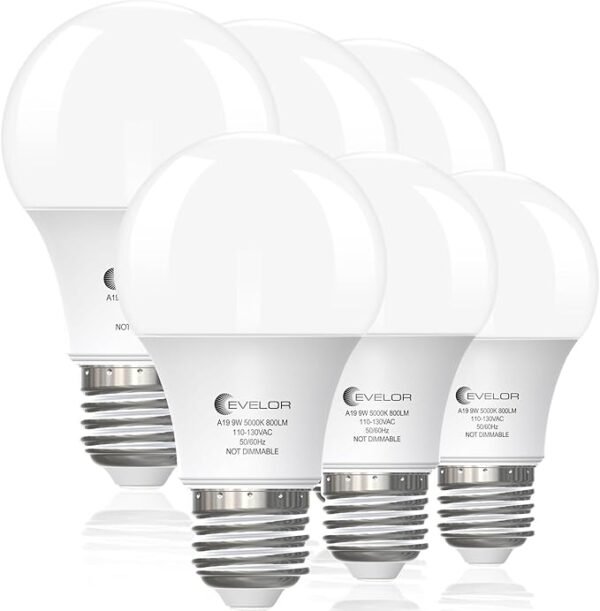 A19 LED Light Bulbs,60 Watt Equivalent Daylight 5000K with E26 Base,Efficient 9W,800 Lumens Non-Dimmable LED Bulbs,15000 Hours, Ideal for Bedroom Living Room,6-Packs