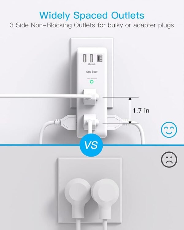 Surge Protector Outlet Extender - with Rotating Plug, 6 AC Multi Plug Outlet with 3 USB Ports (1 USB C), 1800J Wall Charger, 3-Sided Power Strip with Spaced Outlet Splitter for Home, Office, Travel - Image 6