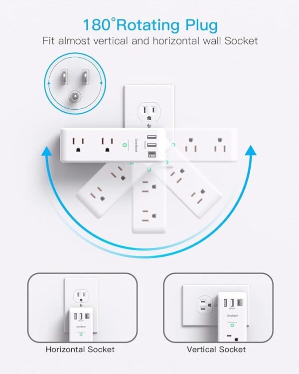 Surge Protector Outlet Extender - with Rotating Plug, 6 AC Multi Plug Outlet with 3 USB Ports (1 USB C), 1800J Wall Charger, 3-Sided Power Strip with Spaced Outlet Splitter for Home, Office, Travel - Image 2