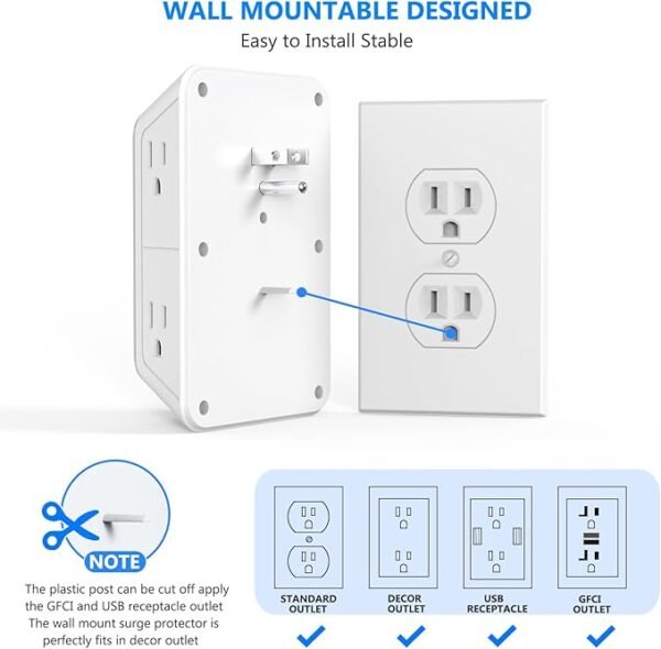 Outlet Extender Surge Protector - 6 Outlet Splitter with 4 USB Ports (2 USB C), Multiple Plug Expander Wall Charger, 3 Sided Multi Plug Wall Adapter Power Strip for Home Office Kitchen Travel - Image 5