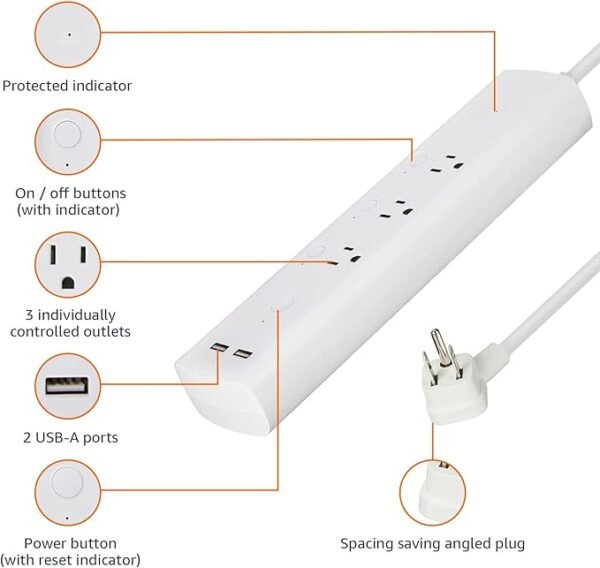 Amazon Basics Smart Plug Power Strip with 3 Individually Controlled Outlets and 2 USB-A Ports, Works with Alexa Only, 2.4 GHz Wi-Fi, No Hub Required, White - Image 3