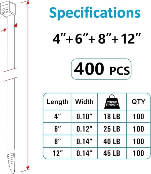 Zip Ties Assorted Sizes(4”+6”+8”+12”), 400 Pack, Black Cable Ties, UV Resistant Wire Ties by ANOSON - Image 2