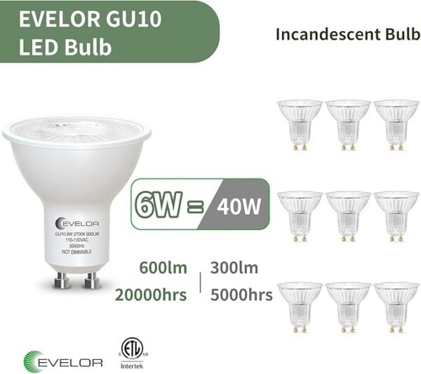 GU10 LED Light Bulb,40 Watt Equivalent Soft White 2700K,Non-Dimmable,Efficient 6W,600 Lumens 2 Prong Track Light Bulbs,20000 Hours,Ideal for Kitchen,Range Hood,Living Room,Bedroom, 6-Packs - Image 3