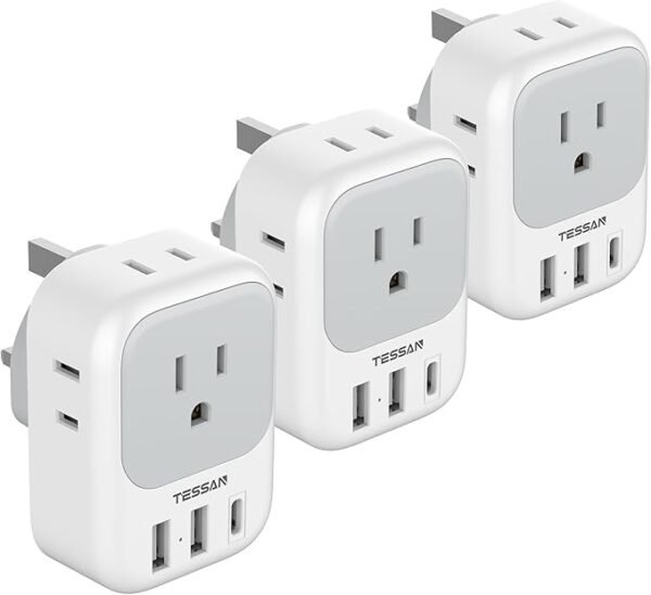 US to UK Plug Adapter 3 Pack, TESSAN Type G Adapter for Travel with 4 Outlets 3 USB Charger(1 USB C), Ireland Power Adaptor for USA to England London Scotland Dubai Singapore Hong Kong Qatar