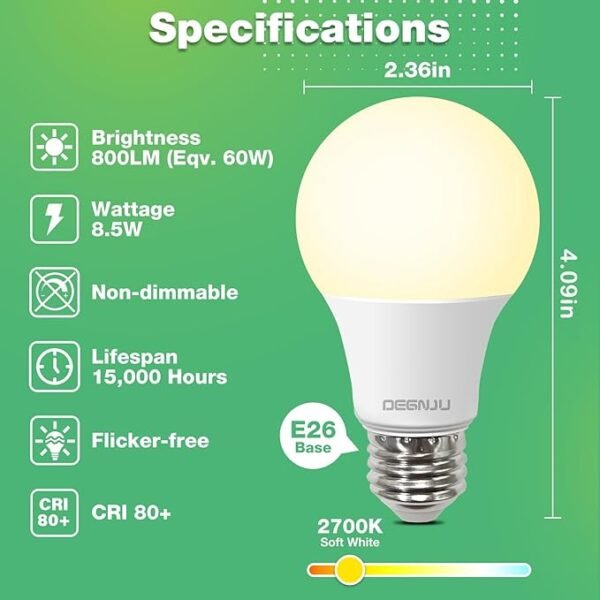 A19 LED Light Bulbs, 60 Watt Equivalent LED Bulbs, Soft White 2700K, 800 Lumens, E26 Standard Base, Non-Dimmable, 8.5W Warm White LED Bulbs for Bedroom Living Room, 3 Pack - Image 2