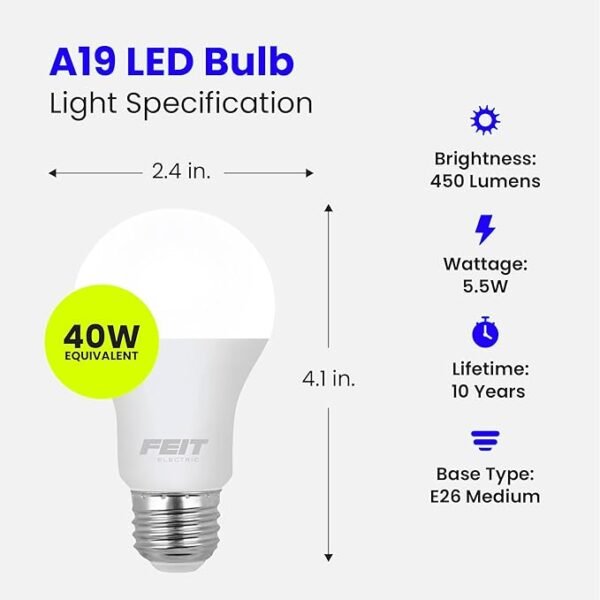 Feit Electric A19 LED Light Bulb, 40-Watt Equivalent, 3500K Neutral White, E26 Base, 450 Lumens, 11,000-Hour Lifespan, General-purpose Residential or Commercial Applications, A450/835/10KLED/4, 4-Pack - Image 2