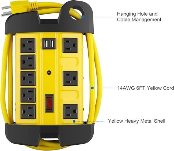 Heavy Duty Power Strip with USB, Workshop 8 Outlet Surge Protector 2700 Joules, Industrial Metal 15Amp Power Strip, 6FT Extension Cord and Wide Spaced. Yellow - Image 6