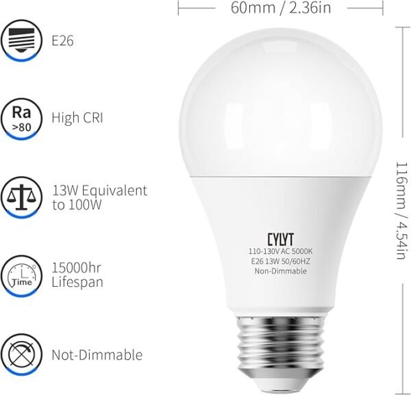 100W Equivalent Bright LED Light Bulbs, Daylight White 5000K A19 Lightbulbs, Focos LED para Casa, for Kitchen Bedroom Indoor, 1500 Lumens, E26 Standard Base, 4-Pack, Non-Dimmable - Image 3