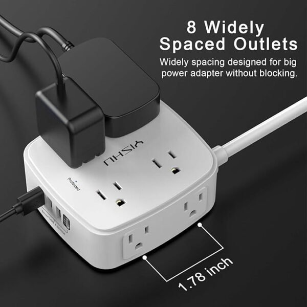 6 Ft Surge Protector Power Strip - 8 Widely Outlets with 4 USB Ports, 3 Side Outlet Extender with 6 Feet Extension Cord, Flat Plug, Wall Mount, Desk USB Charging Station, ETL,White - Image 3