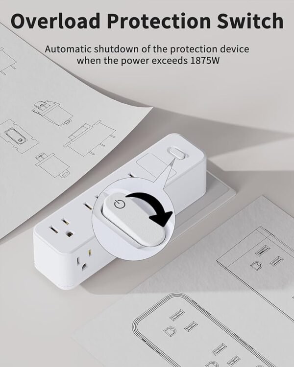 Outlet Extender with 9 AC Outlets, Outlet Splitter with 360°Rotating Plug, 3-Sided Design, 1050J Surge Protection, Multi Plug Wall Outlet for Home, Office, Travel, White - Image 5