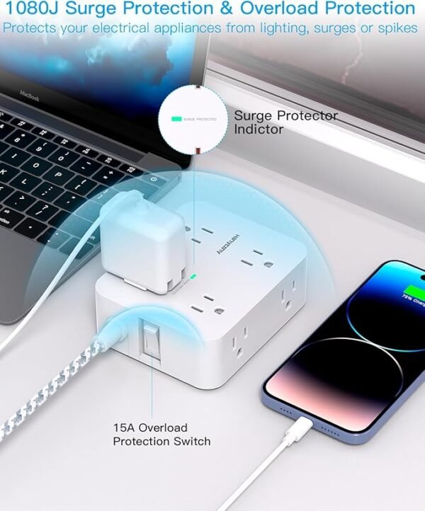 Surge Protector Power Strip - 8 Outlets with 4 USB (2 USB C) Charging Ports, Multi Plug Outlet Extender, 5Ft Braided Extension Cord, Flat Plug Wall Mount Desk USB Charging Station for Home Office ETL - Image 3