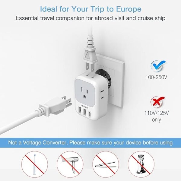 TESSAN 3 Pack European Travel Plug Adapter USB C, US to Europe Plug Adapter with 4 AC Outlets and 3 USB Ports, Type C Power Adaptor for USA to EU International Spain France Iceland Italy Greece - Image 5