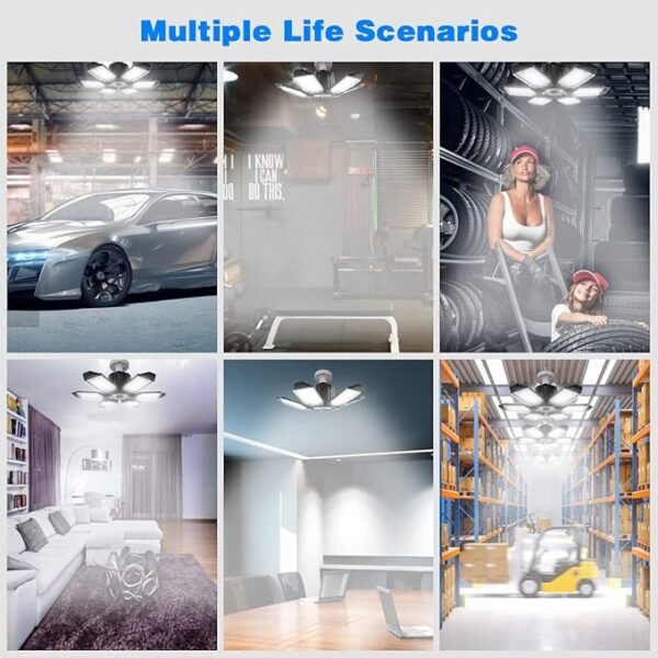 LED Garage Lights - 2 Pack Super Bright 32000LM LED Garage Ceiling Light 6500K LED Shop Light w/ 6 Deformable Panels Screw in E26/E27 Socket LED Bulbs for Workshop Storage Warehouse Attic - Image 6