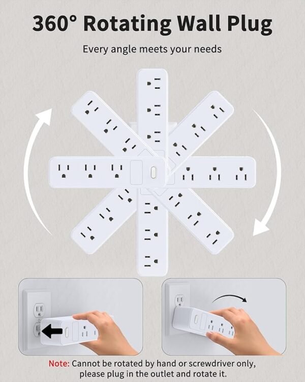 Outlet Extender with 9 AC Outlets, Outlet Splitter with 360°Rotating Plug, 3-Sided Design, 1050J Surge Protection, Multi Plug Wall Outlet for Home, Office, Travel, White - Image 3