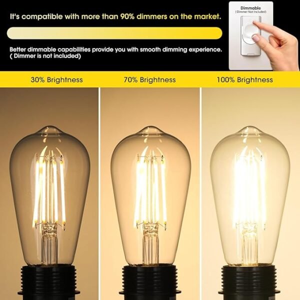 Vintage LED Edison Bulbs 6W, Equivalent 60W Incandescent, Warm White 2700K, ST58 Antique LED Filament Bulbs with 90+ CRI, E26 Medium Base,Dimmable, Clear Glass, Pack of 6 - Image 5