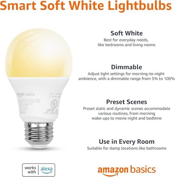 Amazon Basics Smart A19 LED Light Bulb, Dimmable Soft White (2700K), 60W Equivalent, 800LM, Works with Alexa Only, 2.4 GHz Wi-Fi, No Hub Required, 1 Pack - Image 2