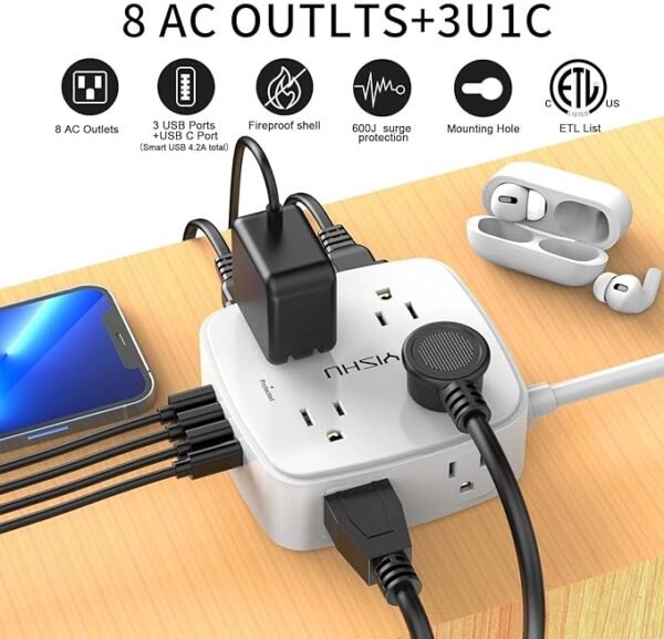 6 Ft Surge Protector Power Strip - 8 Widely Outlets with 4 USB Ports, 3 Side Outlet Extender with 6 Feet Extension Cord, Flat Plug, Wall Mount, Desk USB Charging Station, ETL,White - Image 2