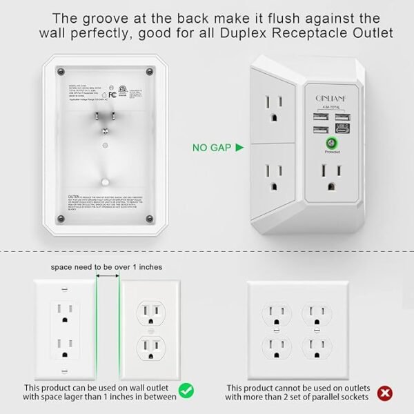 Wall Charger, Surge Protector, QINLIANF 5 Outlet Extender with 4 USB Charging Ports (4.8A Total) 3-Sided 1680J Power Strip Multi Plug Adapter Spaced for Home Travel Office (3U1C) - Image 3