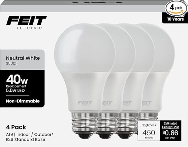 Feit Electric A19 LED Light Bulb, 40-Watt Equivalent, 3500K Neutral White, E26 Base, 450 Lumens, 11,000-Hour Lifespan, General-purpose Residential or Commercial Applications, A450/835/10KLED/4, 4-Pack