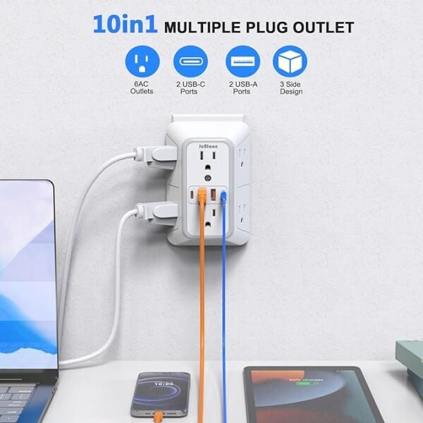 Outlet Extender Surge Protector - 6 Outlet Splitter with 4 USB Ports (2 USB C), Multiple Plug Expander Wall Charger, 3 Sided Multi Plug Wall Adapter Power Strip for Home Office Kitchen Travel - Image 2