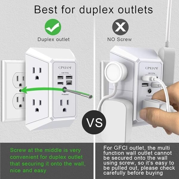 Wall Charger, Surge Protector, QINLIANF 5 Outlet Extender with 4 USB Charging Ports (4.8A Total) 3-Sided 1680J Power Strip Multi Plug Adapter Spaced for Home Travel Office (3U1C) - Image 5