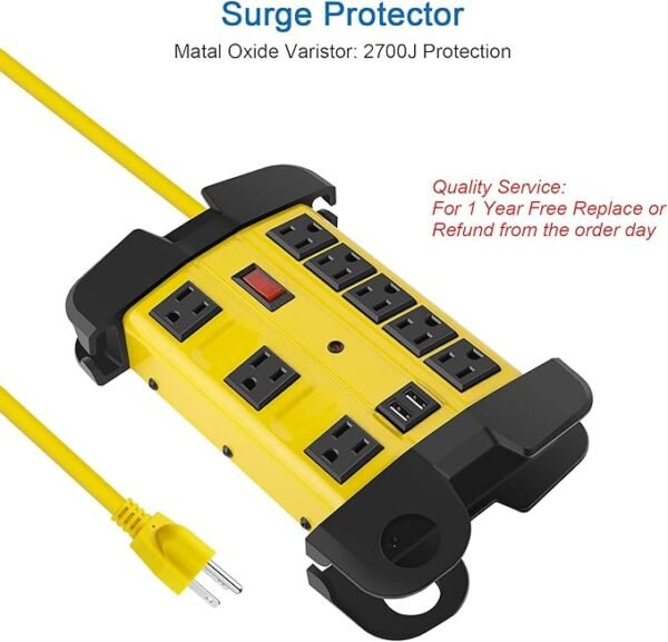 Heavy Duty Power Strip with USB, Workshop 8 Outlet Surge Protector 2700 Joules, Industrial Metal 15Amp Power Strip, 6FT Extension Cord and Wide Spaced. Yellow - Image 4