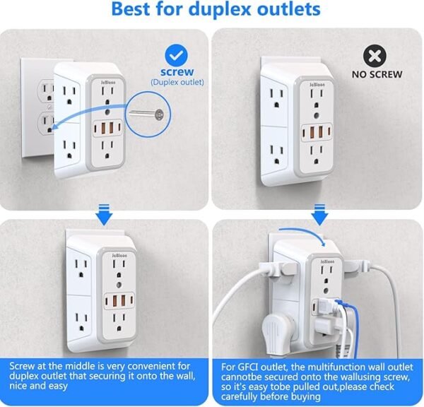 Outlet Extender Surge Protector - 6 Outlet Splitter with 4 USB Ports (2 USB C), Multiple Plug Expander Wall Charger, 3 Sided Multi Plug Wall Adapter Power Strip for Home Office Kitchen Travel - Image 4