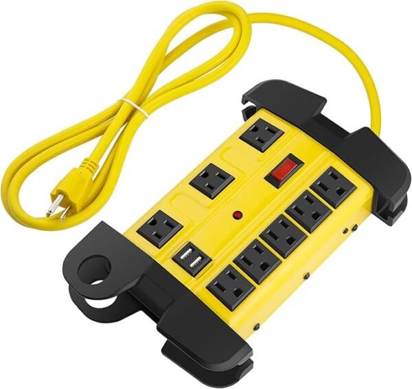 Heavy Duty Power Strip with USB, Workshop 8 Outlet Surge Protector 2700 Joules, Industrial Metal 15Amp Power Strip, 6FT Extension Cord and Wide Spaced. Yellow