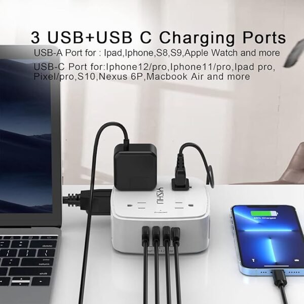 6 Ft Surge Protector Power Strip - 8 Widely Outlets with 4 USB Ports, 3 Side Outlet Extender with 6 Feet Extension Cord, Flat Plug, Wall Mount, Desk USB Charging Station, ETL,White - Image 5