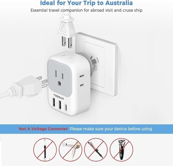 Australia New Zealand Power Adapter, TESSAN Type I Travel Adaptor with 4 American Outlets 3 USB Charger (1 USB C Port), Plug Converter for US to Australian China Argentina Fiji Cook Islands AU - Image 6