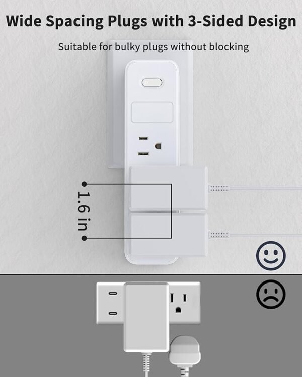 Outlet Extender with 9 AC Outlets, Outlet Splitter with 360°Rotating Plug, 3-Sided Design, 1050J Surge Protection, Multi Plug Wall Outlet for Home, Office, Travel, White - Image 6