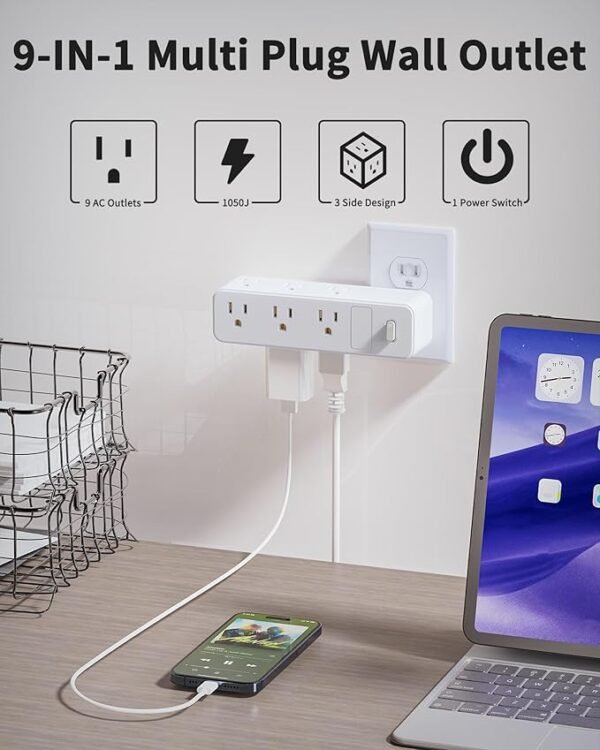 Outlet Extender with 9 AC Outlets, Outlet Splitter with 360°Rotating Plug, 3-Sided Design, 1050J Surge Protection, Multi Plug Wall Outlet for Home, Office, Travel, White - Image 2