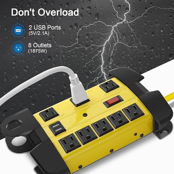 Heavy Duty Power Strip with USB, Workshop 8 Outlet Surge Protector 2700 Joules, Industrial Metal 15Amp Power Strip, 6FT Extension Cord and Wide Spaced. Yellow - Image 2