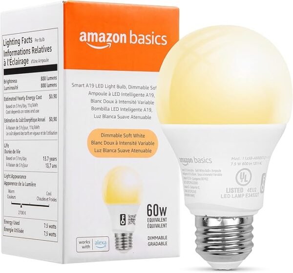 Amazon Basics Smart A19 LED Light Bulb, Dimmable Soft White (2700K), 60W Equivalent, 800LM, Works with Alexa Only, 2.4 GHz Wi-Fi, No Hub Required, 1 Pack