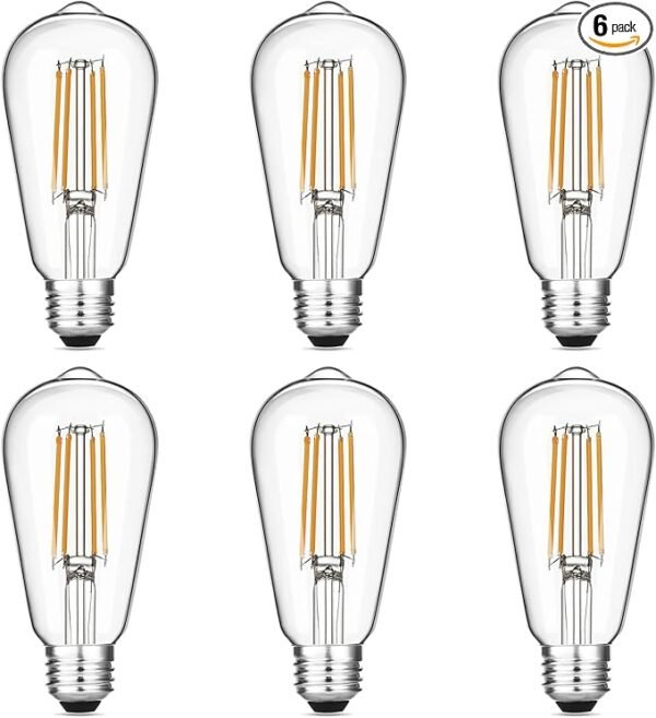 Vintage LED Edison Bulbs 6W, Equivalent 60W Incandescent, Warm White 2700K, ST58 Antique LED Filament Bulbs with 90+ CRI, E26 Medium Base,Dimmable, Clear Glass, Pack of 6