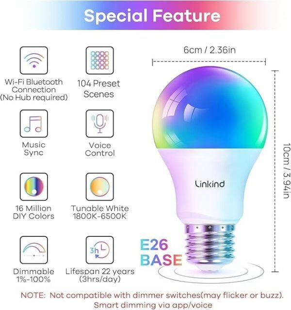 Linkind Smart Light Bulbs, Smart Bulb That Work with Alexa & Google Home, LED Light Bulbs Color Changing, 64 Preset Scenes, Music Sync, A19 E26 2.4GHz RGBTW WiFi Bluetooth Light Bulb 60W, 800LM, 4Pack - Image 2