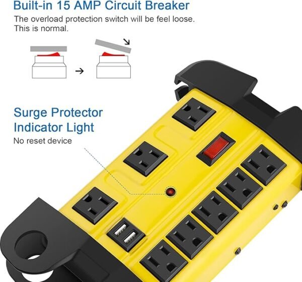 Heavy Duty Power Strip with USB, Workshop 8 Outlet Surge Protector 2700 Joules, Industrial Metal 15Amp Power Strip, 6FT Extension Cord and Wide Spaced. Yellow - Image 3