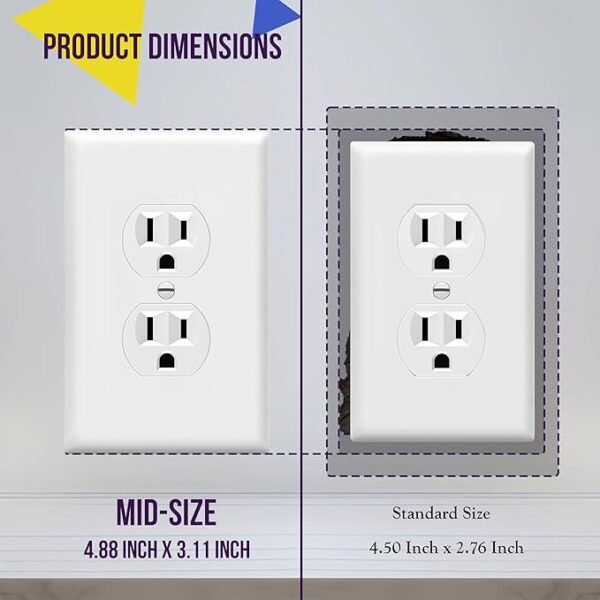 ENERLITES Mid-Size Duplex Receptacle Outlet Wall Plate, Electrical Outlet Covers Plates, Midway Size 1-Gang 4.88\" x 3.11\", Polycarbonate Thermoplastic, UL Listed, 8821M-W-10PCS, White (10 Pack) - Image 2