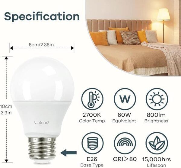 Linkind A19 LED Light Bulb, 60W Equivalent, 9W 2700K Soft White Light Bulbs, 800 Lumens Non-Dimmable LED Bulbs, E26 Standard Base, Energy Efficient UL Listed for Bedroom Home Office, 6 Packs - Image 2