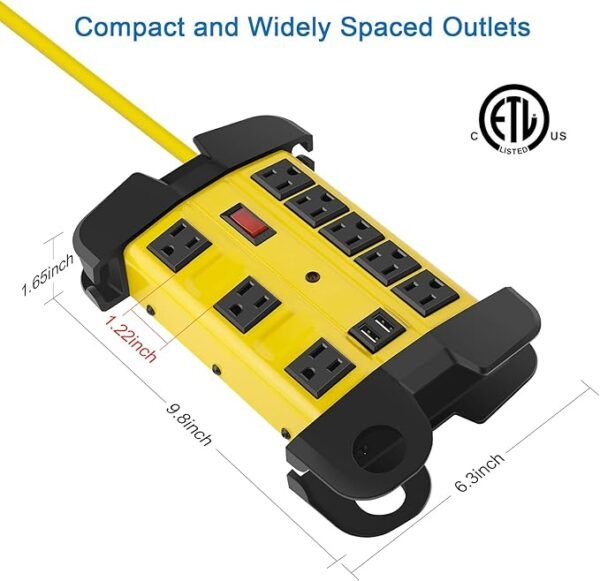 Heavy Duty Power Strip with USB, Workshop 8 Outlet Surge Protector 2700 Joules, Industrial Metal 15Amp Power Strip, 6FT Extension Cord and Wide Spaced. Yellow - Image 5