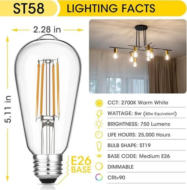 Vintage LED Edison Bulbs 6W, Equivalent 60W Incandescent, Warm White 2700K, ST58 Antique LED Filament Bulbs with 90+ CRI, E26 Medium Base,Dimmable, Clear Glass, Pack of 6 - Image 2